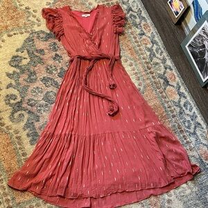 SUNCOO Deep Rose Midi Dress with Gold and Silver Accents